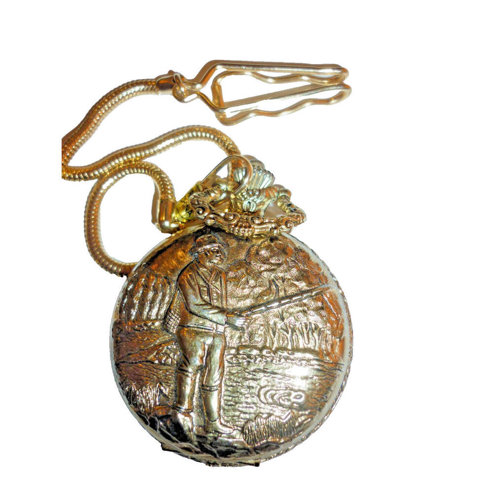 Collezio Fishing Fisherman Quartz Gold Tone Pocket Watch with Hook